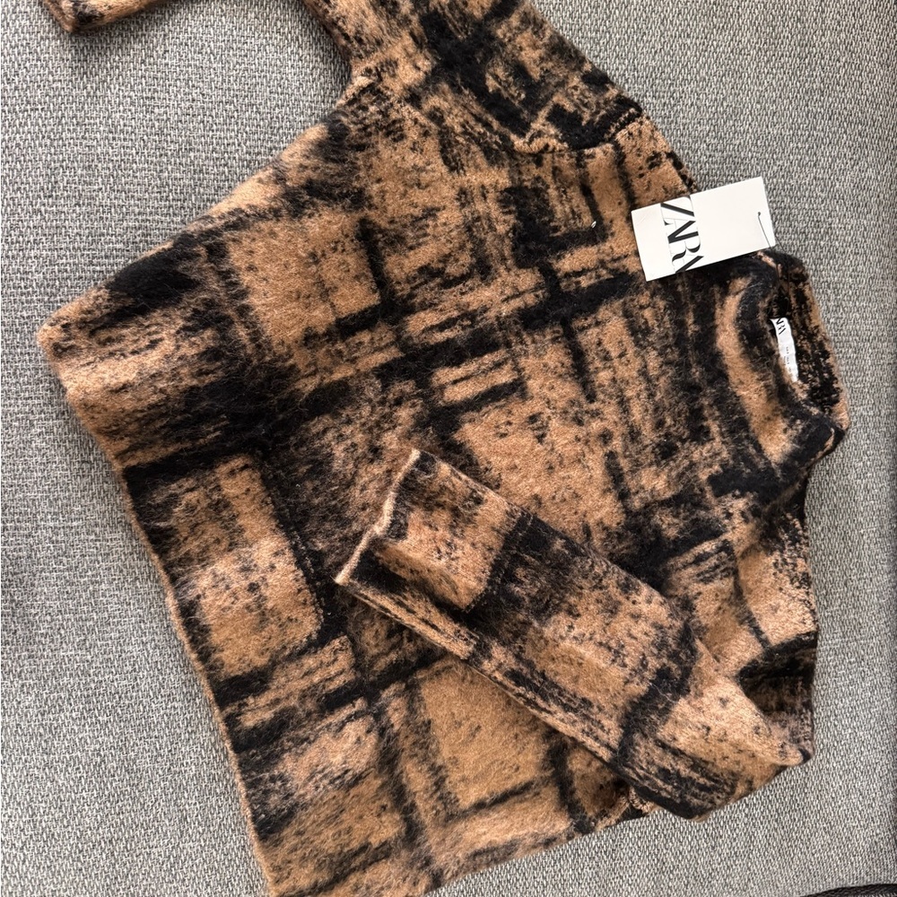 Zara Black & Brown Plaid Teddy Jacket Size S NWT - Picture 3 of 10